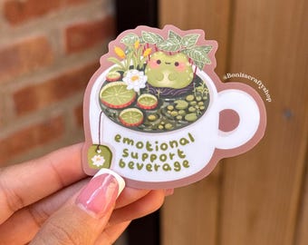 Emotional Support Beverage Matte Waterproof Vinyl Sticker| Kawaii Frog in Teacup Sticker| Cozy Frog Sticker for Laptop, Journal, iPad