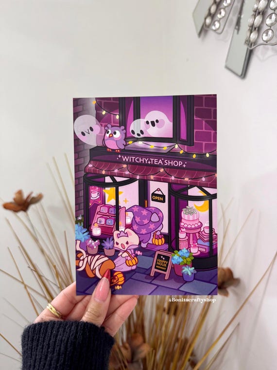 Witchy+Tea Shop 130lb Heavy Cardstock Satin Art Print 5x7| Spooky Illustration| Cozy Kawaii Witch Wall Art| Stationary Deco Hanging Gifts