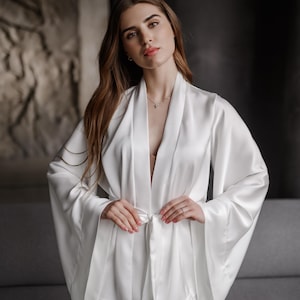 Bridal White Satin Pajama Set – Kimono Robe & Pants | Getting Ready Outfit | Bride Lounge Set | Wedding Morning Gift