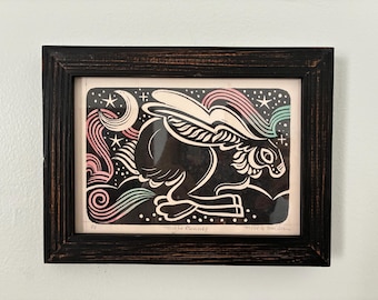 Night Runner Block Print Printmaking Bunny Relief Print Linocut Linoblock Hare Rabbit