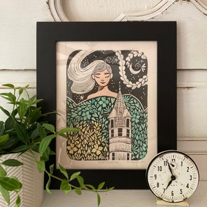 Field Dreamer Linocut Block Print Printmaking Relief Print Watercolor