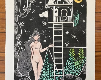 May include: A black and white linocut print of a woman standing in front of a ladder leading up to a house in the sky. The woman has long hair and is wearing a simple dress. The house is a simple structure with a porch and a window. The background is a dark sky with stars and a crescent moon.