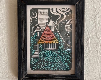Dream Cottage Tudor House Block Print Printmaking Relief Print Linocut Linoblock
