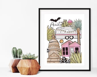 Austin Art Watercolor Austin Print Austin Poster Wall Decor Austin Photo Austin Home Decor Texas