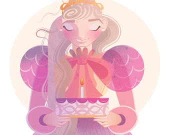 May include: A young woman with long blonde hair wears a pink dress with a large bow and a gold crown. She holds a pink and white cake with a single lit candle.