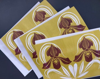 Paquete de tres tarjetas de felicitación impresas en linóleo con bloques, tarjetas en blanco con estampado floral victoriano de orquídeas.