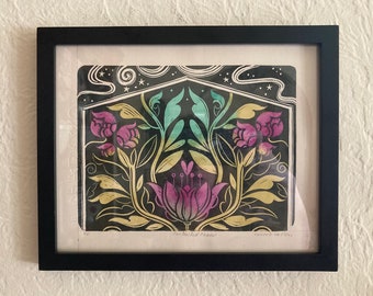 Controlled Chaos Greenhouse Floral Block Print Printmaking Garden Gardening Relief Print Linocut Linoblock