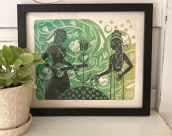 May include: A black framed print of a green and gold illustration of two figures in a garden setting. One figure plays a guitar and the other holds a watering can. The text "Rays of Early Morning" is at the bottom of the print.