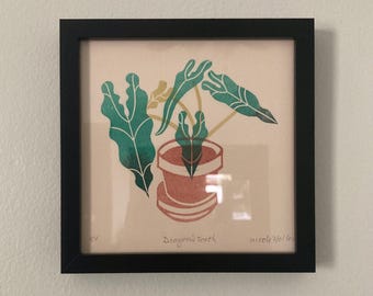 May include: A framed print of a green plant with large leaves in a terracotta pot. The print is titled "Dragon's Tooth" and signed "nicole holley".