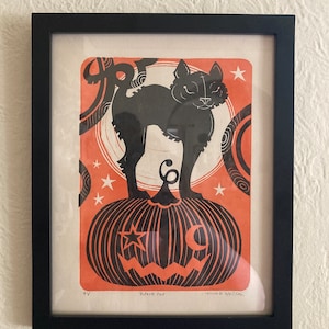 Black Cat Block Print Halloween Printmaking Seasonal Relief Print Linocut Jackolantern Pumpkin Linoblock