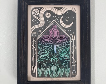 Greenhouse Floral Block Print Printmaking Garden Gardening Relief Print Linocut Linoblock
