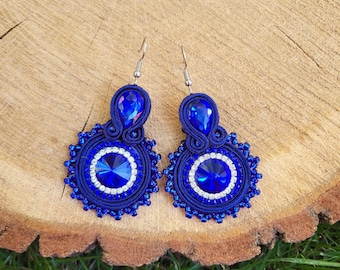 Navy Blue Soutache Earrings – Handmade Beaded Crystal Jewelry