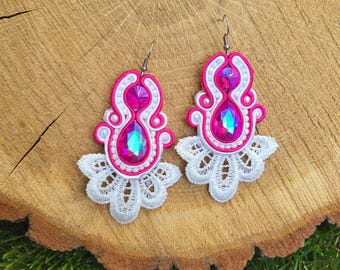 Pink White Beaded Lace Earrings – Handmade Soutache Jewelry