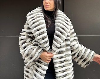 Limited Edition-Rex Rabbit Fur Coat Perfect Handcrafted - Unique Soft Premium Coat  Warmth , Hook Closures 70