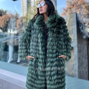Green Argentina Fox Fur Women Midi Coat- Women's Fur Jacket-Argentina Fox Fur Ladies Jacket, Stylish Outerwear Jacket-Women's Winter Coat 45