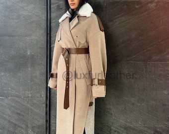 Premium-Stoffwolle und Kaschmirmantel.Ledergürtel Langes Caot für Frauen-Kaschmir-Langes Mantel-Frauen Pelzkragen Mantel-Frauenjacke-24
