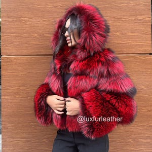 Red Argentina Fox Fur WomenCrop Jacket - Argentina Fox Fur Hooded Jacket, Stylish Jacket- Women&#39;s Winter Coat - Fox Fur Gift 58