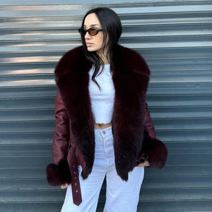 Women Genuine Lamb Leather Jacket with Fox Collar and Cuffs Lamb Fur Women&#39;s Leather Coat, Long Fur With Shearling,Inside Furry 25