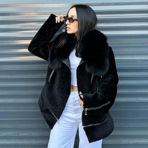 Women&#39;s Black Lamb Fur jacket- Fox fur collar- Zippered Women&#39;s Fur Jacket-sheep fur jacket handmade  Coat- Short or Long Model 28