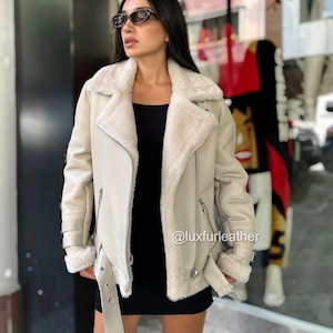 Beige Aviator women lambskin shearling jacket- full lamb fur lining- warm jacket- lambfur coat- sheepskin jacket- women sheepskin jacket- 18