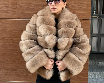 Women Brown Fox Fur Jacket- Shawl Collar Women Fox Jacket- Brown Fur Coat- Premium Quality Fur - Women Valentines Day Gift 37