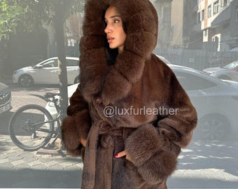Chocolate Alcantara Coat: Fox Fur Hood & Cuffs, Luxury Outerwear 16