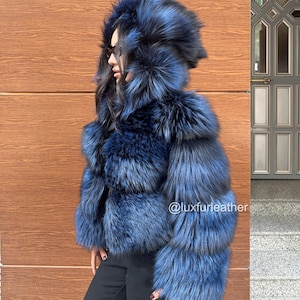 Navy Blue Argentina Fox Fur Women Crop Jacket - Argentina Fox Fur Hooded Jacket, Stylish Jacket- Women&#39;s Winter Coat - Fox Fur Gift 58