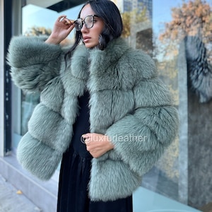 Light Green Color Fox -Handmade Limited Quality Fur- Women Quality Fox Fur Jacket- Fox Jacket- Premium Quality Fur - Women gift 50