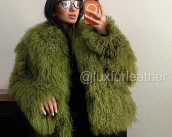 Real Tibetan Lamb Fur Coat, Olive Green Women's Mongolian Curly Jacket, Shaggy Coat- Tibetan Fur Coat 25