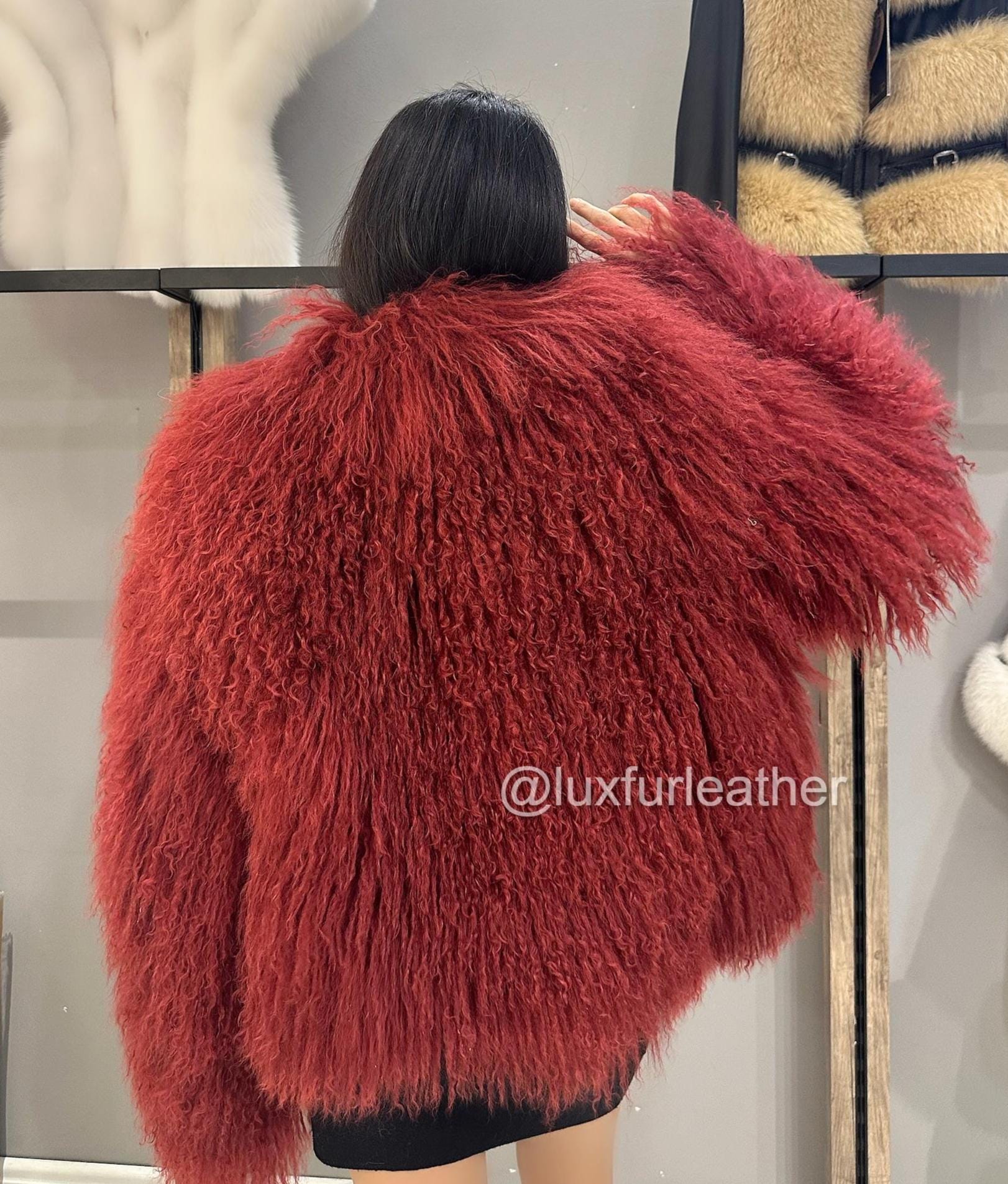 Real Tibetan Lamb Fur Coat, Red Coat Mongolian Curly Jacket
