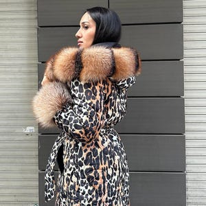 Women Bomber Puffer Fur Jacket- Frost Fox fur Hood-Animal Print Women Fox Fur Jacket- Microfiber Waterproof Jacket 17 image 3