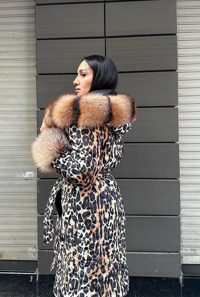 Women Bomber Puffer Fur Jacket- Frost Fox fur Hood-Animal Print Women Fox Fur Jacket- Microfiber Waterproof Jacket 17 image 3