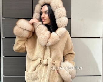 Soft Beige Alcantara coat with fox fur hood and cuffs. Women Fur jacket- Women Fox fur jacket- Premium Fur jacket for women.15
