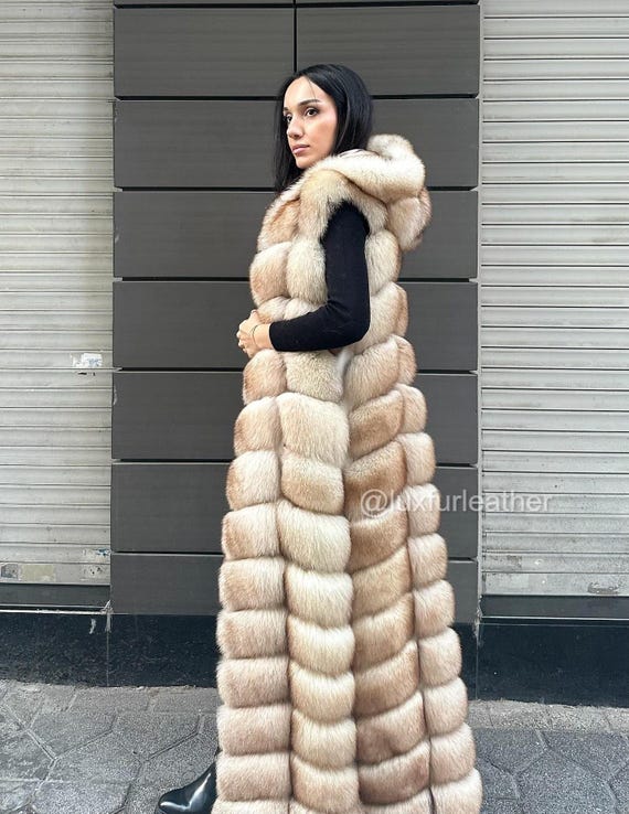 Lange echte Fuchspelzweste für Frauen- Beige Fuchspelz Weste mit