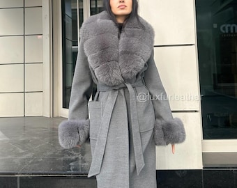 Gray Wool Cashmere Coat – Fox Fur Collar and Cuffs