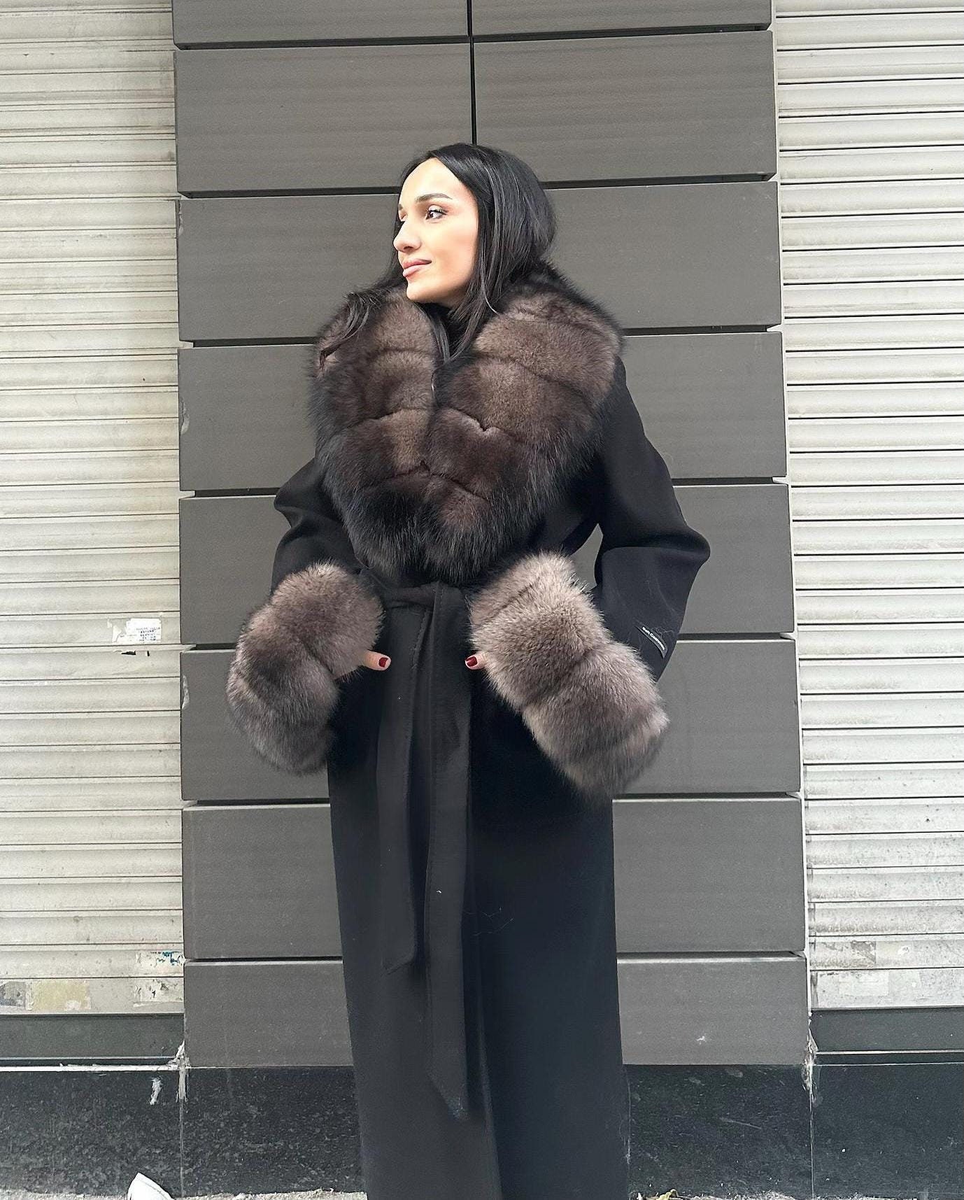Wool&cashmere Blend Coat With Fox Fur Collar and Cuffs. Black Fox 