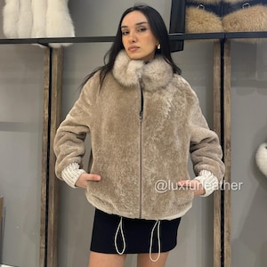 Beige Women Lambskin Jacket -Fox Fur Collar- Full Lambskin Fur - Lamb Fur Lining - Women Fur Jacket - Genuine Lambskin Coat - For Her 25