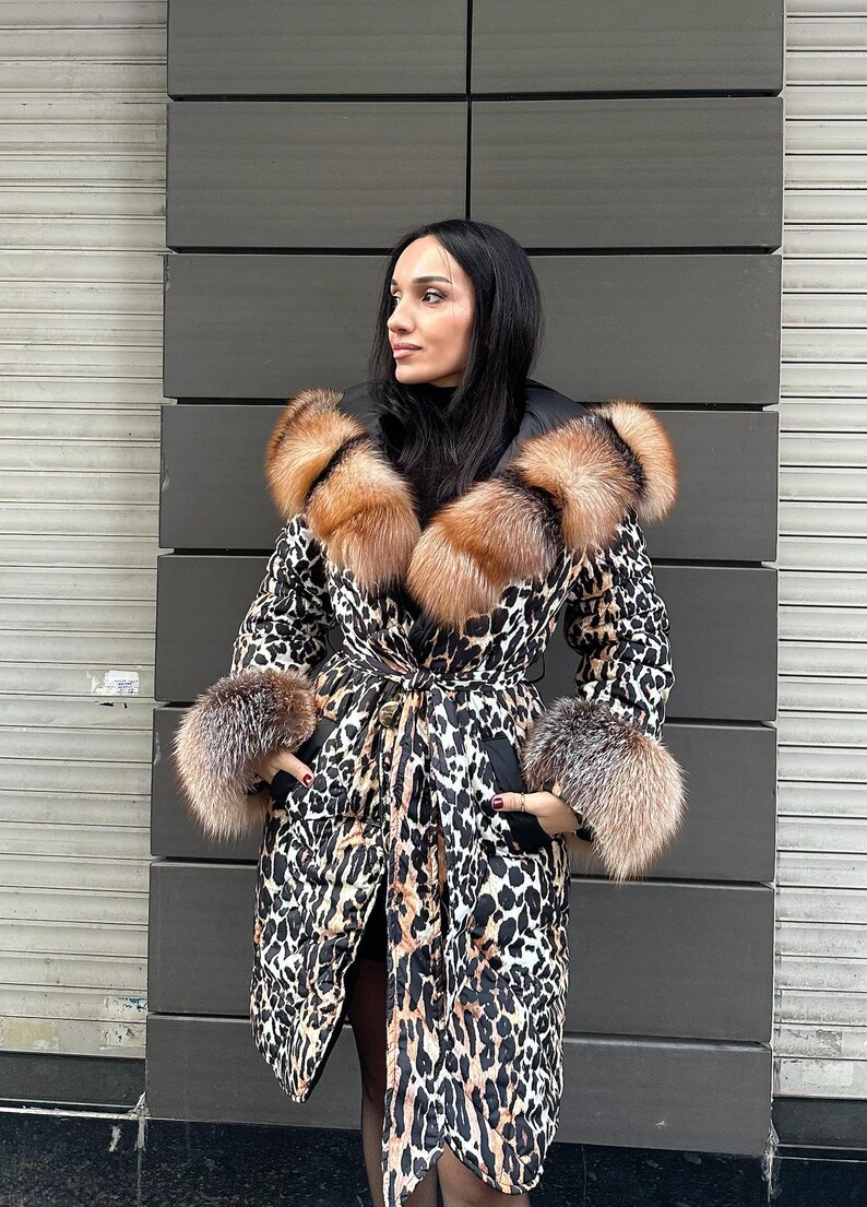 Women Bomber Puffer Fur Jacket- Frost Fox fur Hood-Animal Print Women Fox Fur Jacket- Microfiber Waterproof Jacket 17 image 4