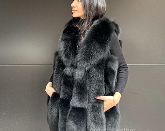 Women&#39;s Long Real Fox Fur VEST- Black Fox Fur Waistcoat- Women Fur Coat- Fox Fur Midi Vest- Gift for her 33