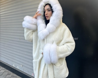 White Alcantara coat with fox fur hood and cuffs. Women Fur jacket- Women Fox fur jacket- Premium Fur jacket for women. 15