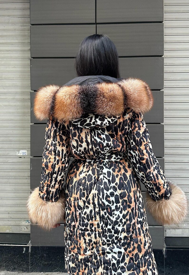 Women Bomber Puffer Fur Jacket- Frost Fox fur Hood-Animal Print Women Fox Fur Jacket- Microfiber Waterproof Jacket 17 image 7