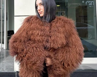 Abrigo de piel de cordero tibetano marrón, chaqueta mongola de pelo largo