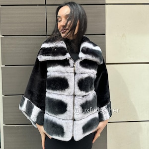 Veste premium en fourrure de lapin Rex naturelle véritable avec tissu imitation vison noir - Manteau premium doux et unique - Manteau en fourrure pour femme - Manteau pour femme - 2
