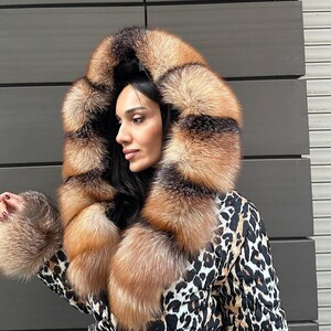Women Bomber Puffer Fur Jacket- Frost Fox fur Hood-Animal Print Women Fox Fur Jacket- Microfiber Waterproof Jacket 17 image 6