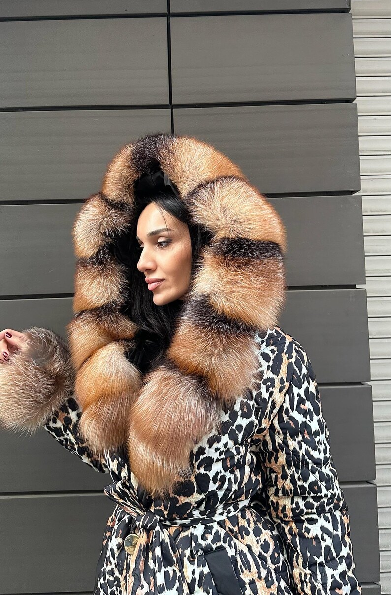 Women Bomber Puffer Fur Jacket- Frost Fox fur Hood-Animal Print Women Fox Fur Jacket- Microfiber Waterproof Jacket 17 image 6
