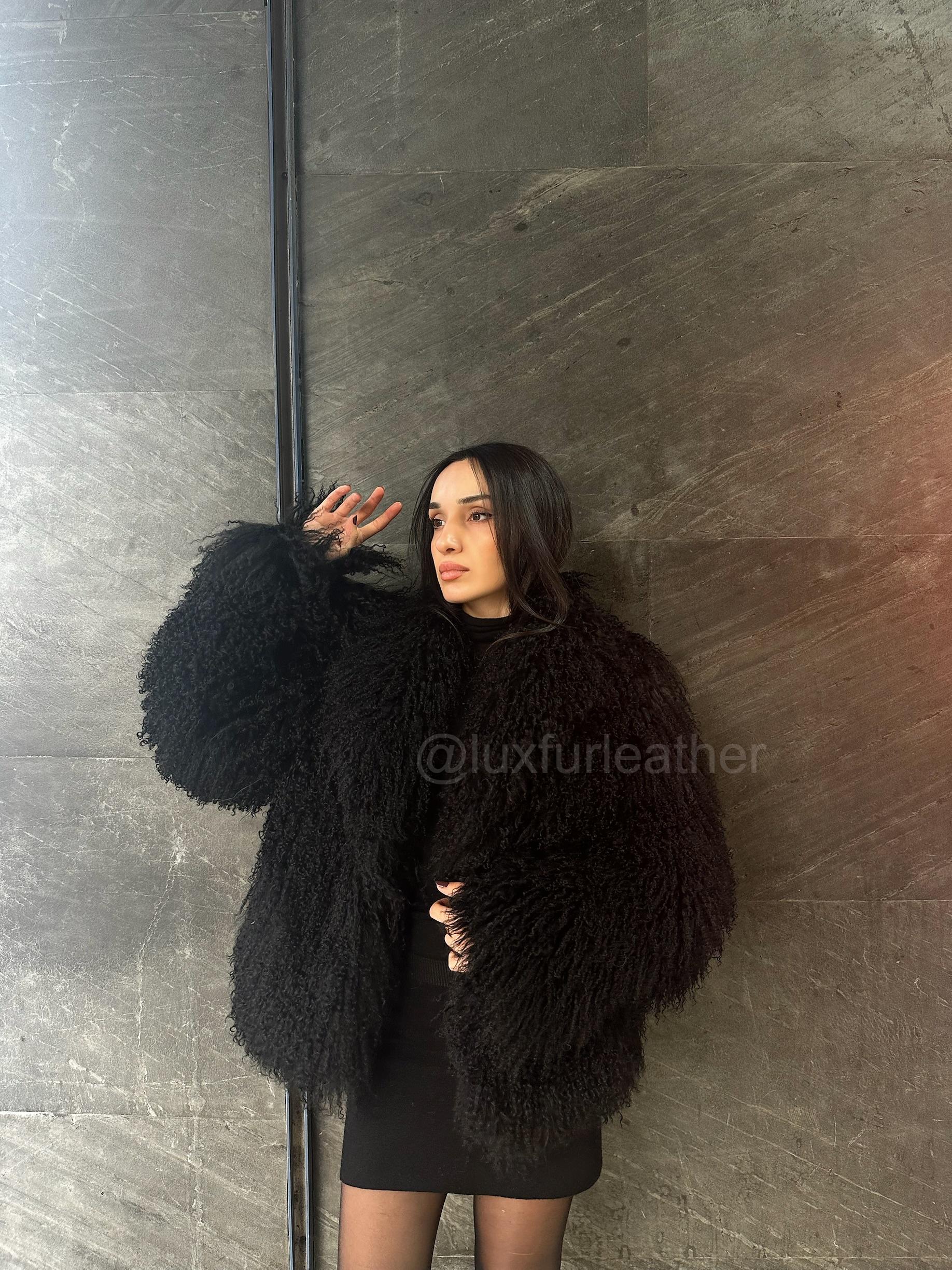 Real Tibetan Lamb Fur Coat, Black Coat Mongolian Curly Jacket