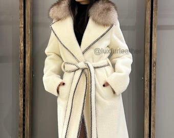 Women Alcantara White Coat - Fox Fur Collar- Premium Fox Fur and Alcantara - women fur jacket - Soft White Coat with Belt- gift for her 19
