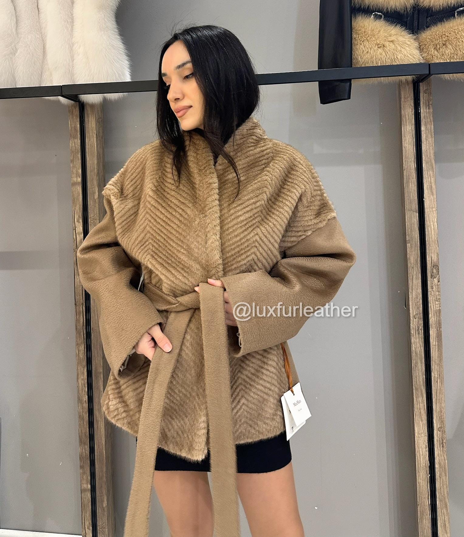 Women %100 ZEBELINO Fabrıc Coat -faux Mink Fur Jacket With Belt