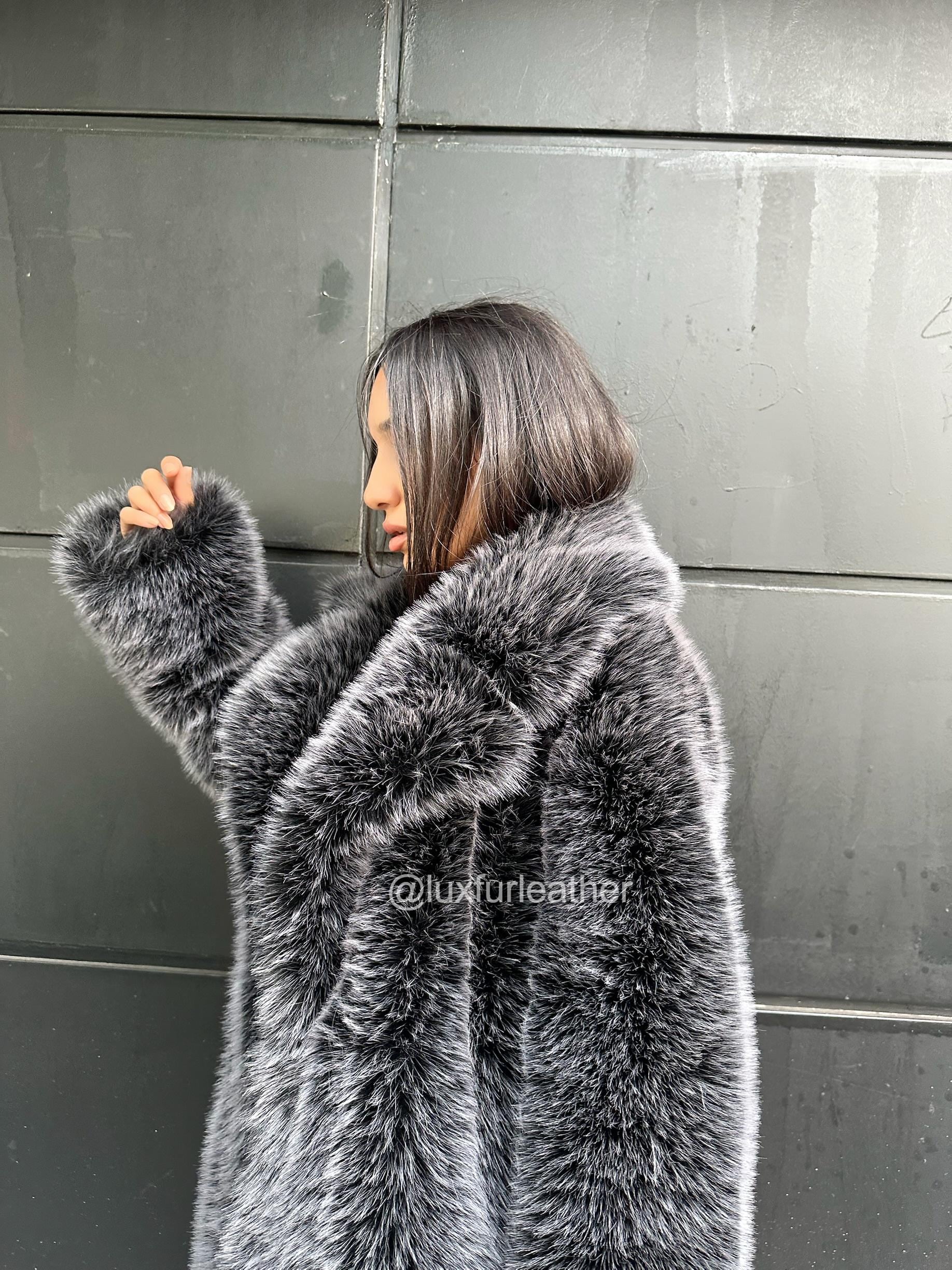 Dark Gray Faux Toscana Fur Jacket -luxury Full Skin Faux Warm Fur