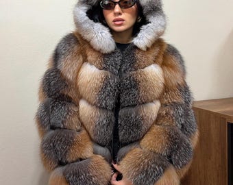 Chaqueta de piel de zorro con capucha para mujer - Piel de primera calidad - Regalo de Navidad para mujer 36